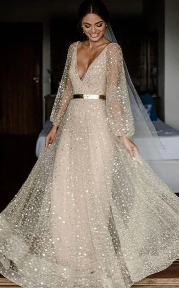 Illusion Plunged Sexy Sequin Empire Champagne Shining Dress