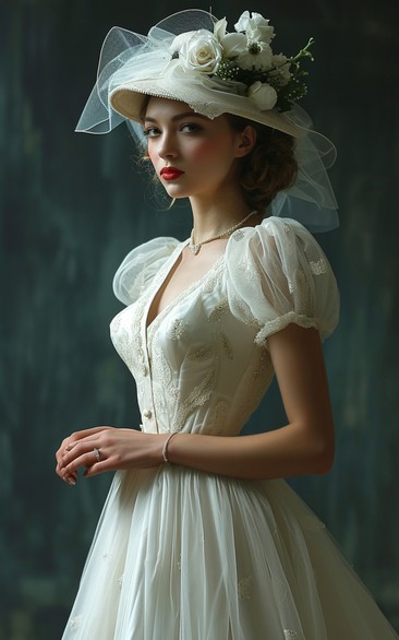 Beaded Tea Length A Line Short Ballon Sleeves Deep V Neck Wedding Dress with Buttons