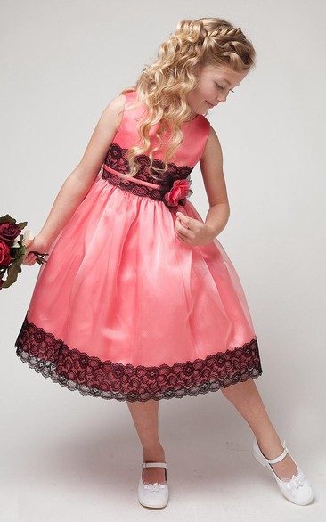 Lace Sash Appliqued Tea-Length Flower Girl Dress