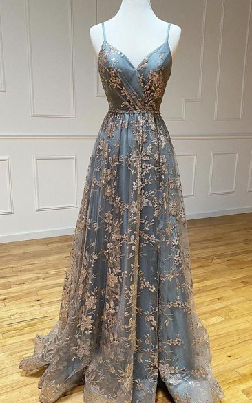Elegant A Line Tulle Floor-length Sleeveless Prom Dress with Appliques
