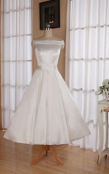 Wedding Ribbon Off-The-Shoulder Neckline 3-4-Length Sleeveless Dress