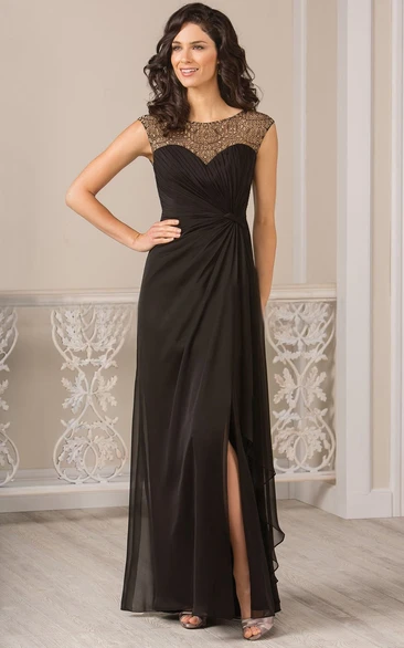 Sheath Scoop Cap-Sleeved Floor-length Chiffon Mother of the Bride Dress with Illusion Back and Split Front