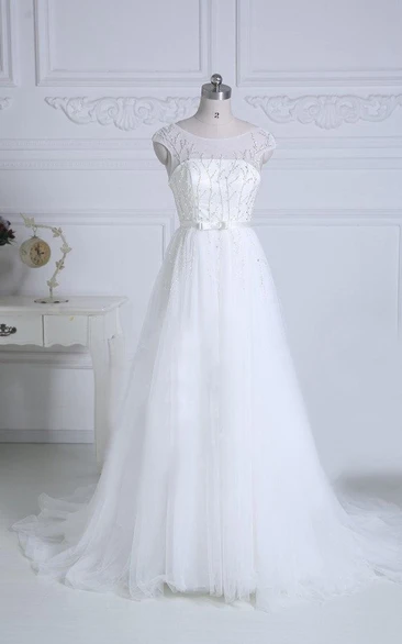 Scoop-neck Cap-sleeve A-line Tulle Wedding Dress With Beading And Court Train