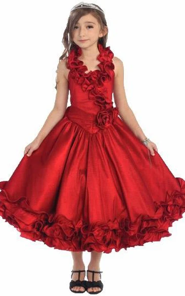 Ball Gown Halter Sleeveless Tea-length Satin Flowergirl Dress with Tiers and Ruffles
