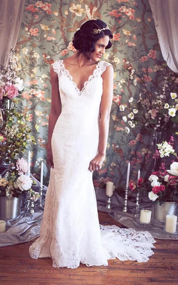 Mermaid V-Neckline Bridal Cap-Sleeves Long Lace Gown