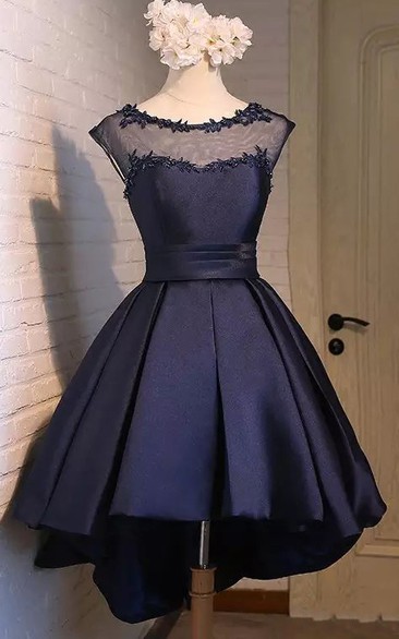A-line Short Sleeve High-low Bateau Satin Prom Dress with Lace-up Back