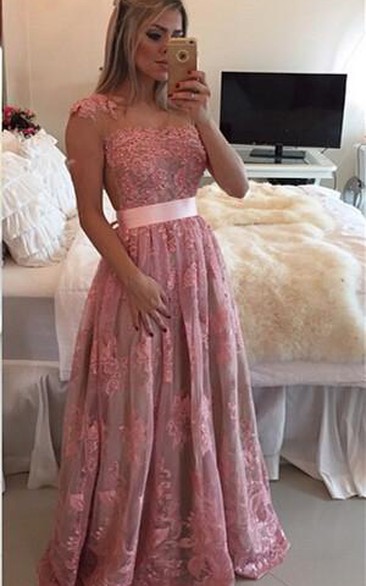 Cap-sleeve Lace Appliqued long Prom Dress With Pleats