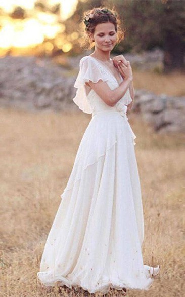 V-neck Chiffon Lace Bat Short Sleeve Wedding Dress