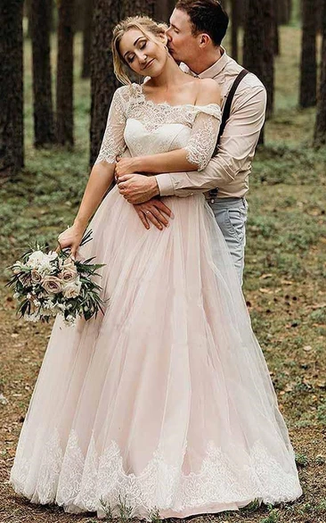 A-line Blush Half-sleeve Lace Empire A-line Tulle Casual Wedding Dress