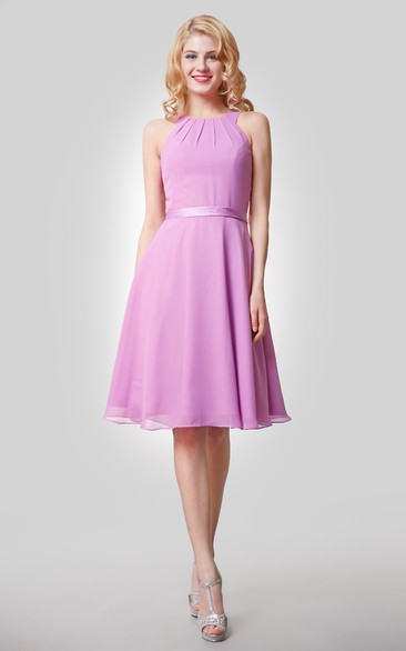 Strapped Satin Bow Sash Knee-Length Chiffon Gown