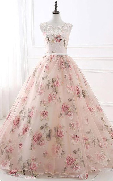 Sleeveless Empire Scoop-neck Floral Ball Gown Princess Prom Formal Dress