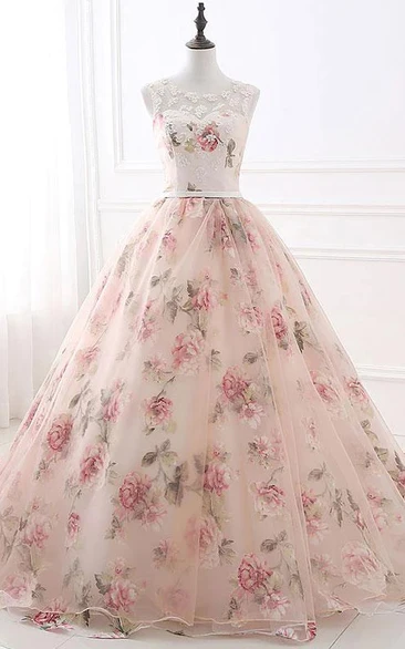 Sleeveless Empire Scoop-neck Floral Ball Gown Princess Prom Formal Dress