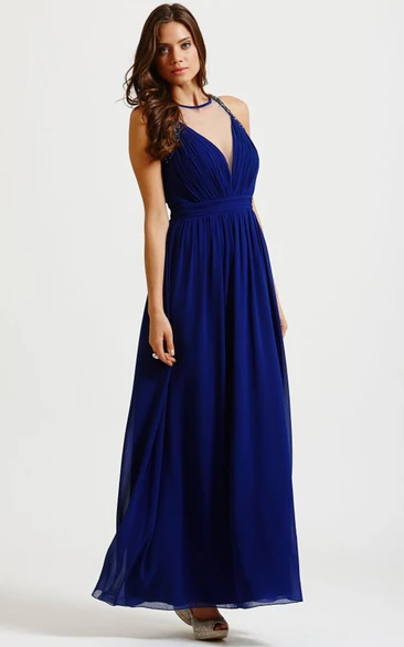 Jewel-Neck Sleeveless Chiffon Ruched Ankle-length Dress With Illusion