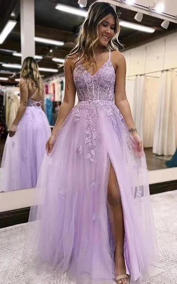 Front Split Spaghetti Lilac Empire A-line Tulle Lace Applique Evening Prom Dress