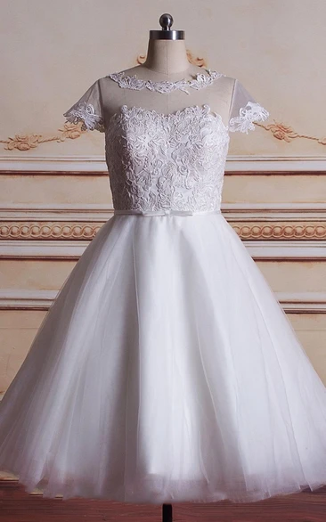 Tulle Satin 3-4-Length Short Wedding Lace Dress
