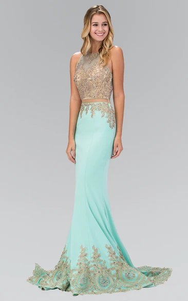 Mermaid Scoop Sleeveless Sweep Train Jersey Prom Dress with Illusion and Appliques