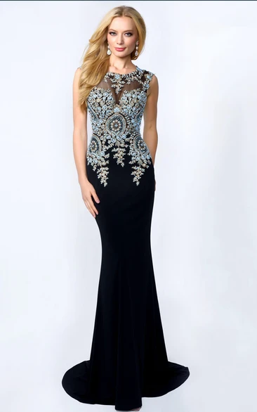 Sheath Scoop Sleeveless Sweep Train Jersey Prom Dress with Illusion and Beading