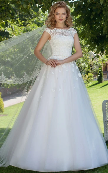floral Bateau Cap-sleeve Lace tulle A-line Ball Gown With Embellished Waist
