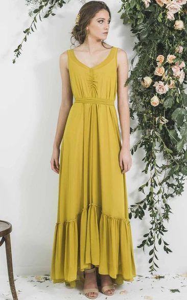 A Line V-neck Sleeveless High-low Chiffon Bridesmaid Dress with Ruching and Sash