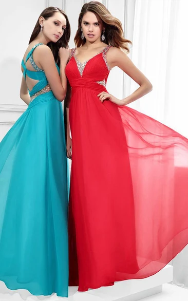 Strapped Chiffon Long evening Dress With Beading And Ruching