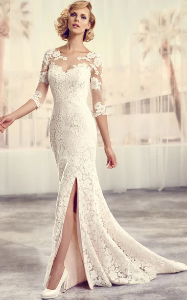 elegant 3-4-sleeve Lace Wedding Dress With Appliques And Illusion back
