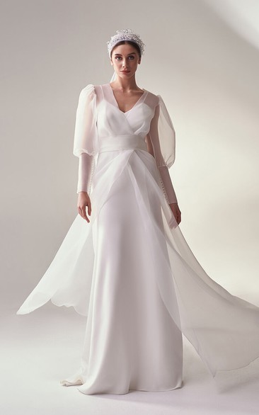 Elegant V-neck Puff Long Sleeve Chiffon Simple Wedding Dress