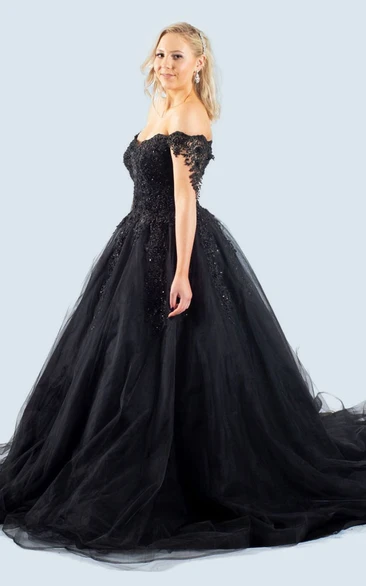 Elegant Off the Shoulder Ball Gown Black Tulle Wedding Dress with Appliques