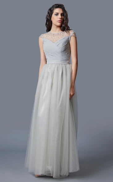 Ruched Beaded Tulle Jewel-Neckline Cap-Sleeve Long Dress