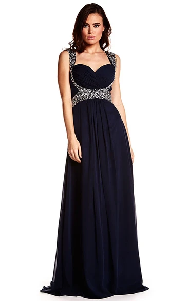 A Line Straps Sleeveless Floor-length Chiffon Evening Dress with Beading and Pleats