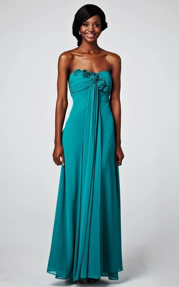 Sheath Strapless Sleeveless Floor-length Chiffon Formal Dress with Ruching and Flower