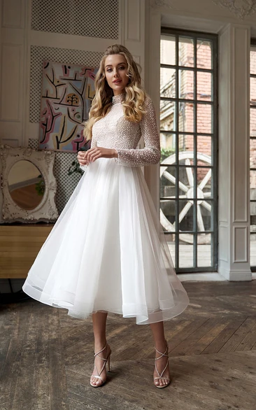 High-neck Illusion Long Sleeve A-line Beaded Chiffon Wedding Dress