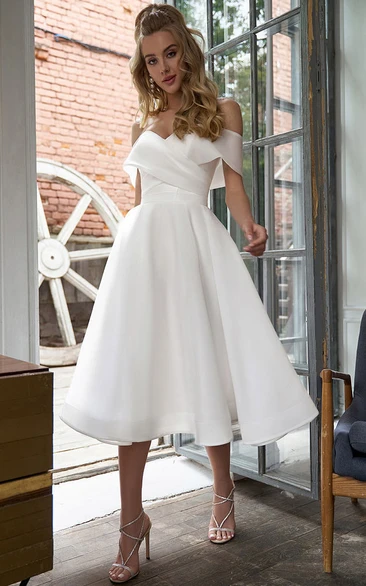 Simple Short Off-the-shoulder A-line Tea-length Satin Wedding Dress