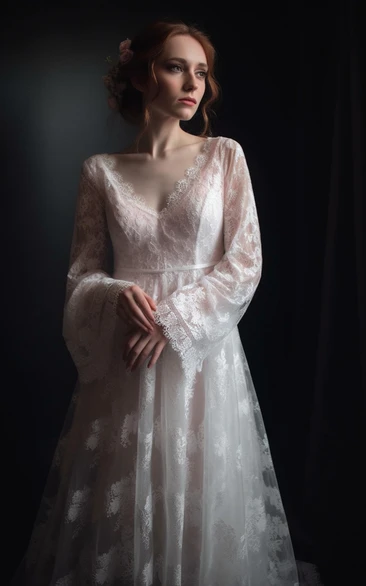 V-neck Lace Retro Puff-long-sleeve A-line Wedding Dress