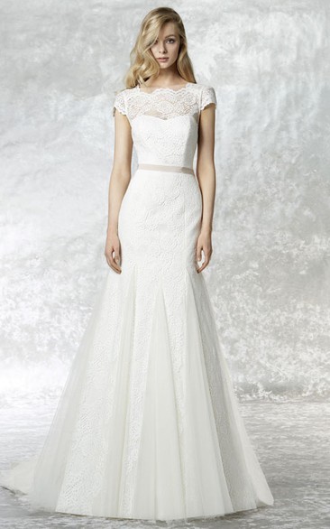 Bateau Cap-sleeve Trumpet Tulle Lace Dress With Low-V Back And bows