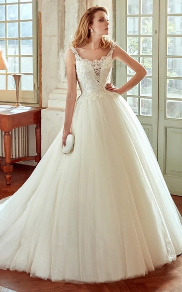 Ball Gown Square Sleeveless Floor-length Tulle Wedding Dress with Low-V Back and Appliques