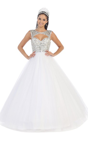 Long Crystal Scoop-Neck Tulle Keyhole Satin Ball Gown