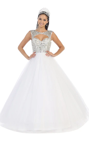 Long Crystal Scoop-Neck Tulle Keyhole Satin Ball Gown