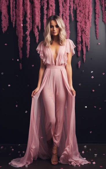Pink Ethereal Deep V Neck Casual Jumpsuit with Overskirt