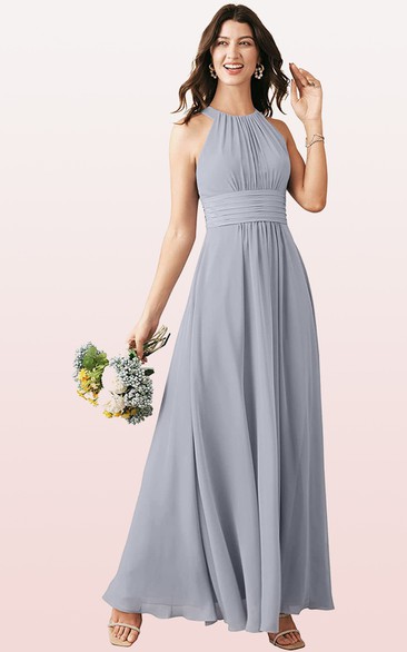 Casual A Line Chiffon Halter Ankle-length Bridesmaid Dress With Ruching