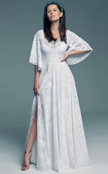 V-neck Retro Bell Half-sleeve Front Split Lace Low-v Back Floor-length Wedding Dress