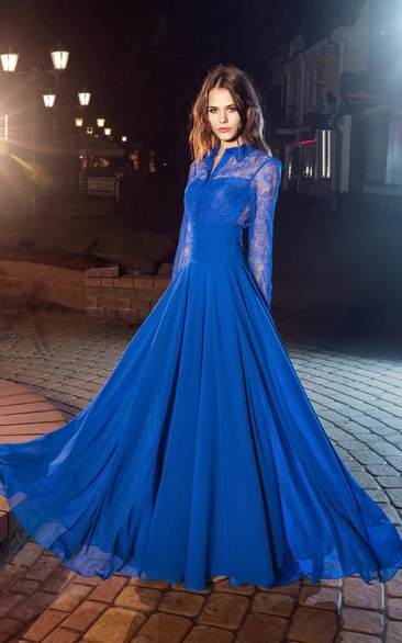 A-line High Neck Long Sleeve Floor-length Tulle/Lace Prom Dress with Illusion and Pleats
