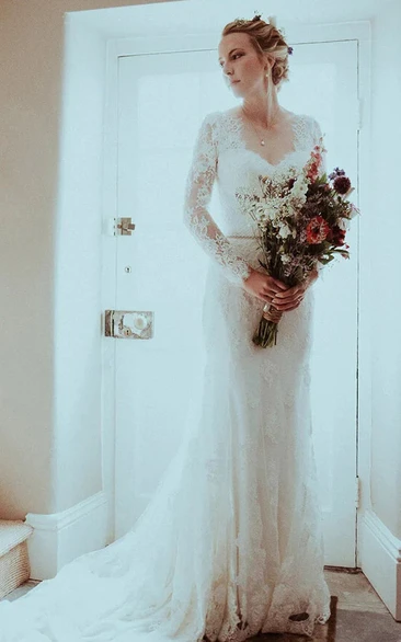 Lace Backless Long Sleeve Sheath Beaded Wedding Dress with Court Train