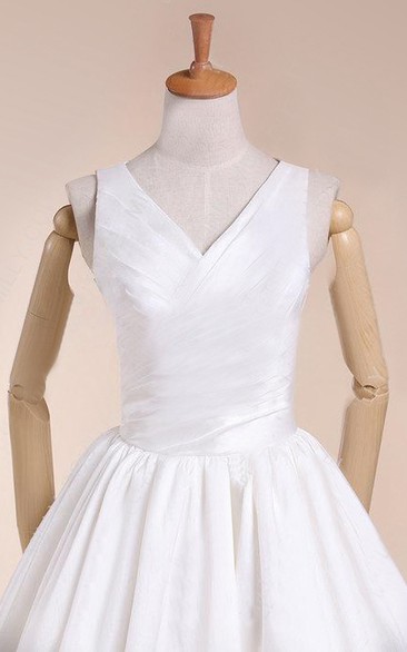 V-Neck Sleeveless A-Line Tea-Length Satin Wedding Dress