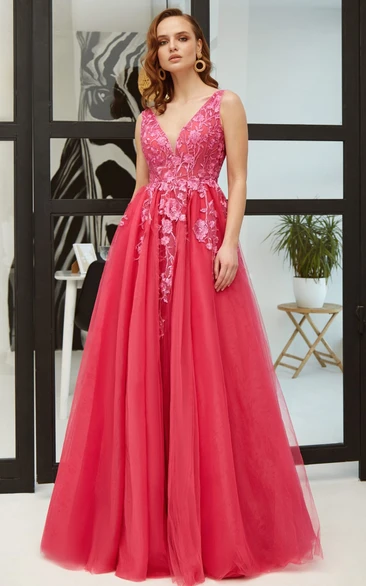 Casual Lace A Line Floor-length Sleeveless Formal Dress with Appliques