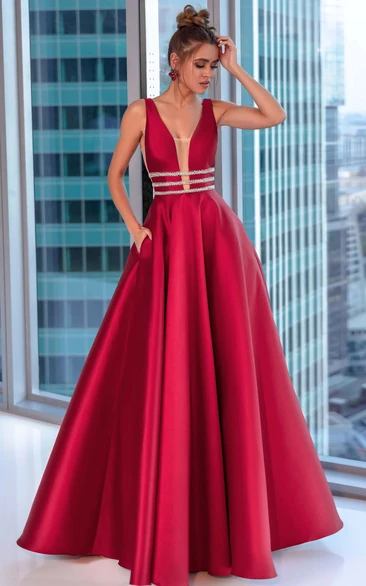 Notched Sleeveless Empire Satin A-line Ball Gown Prom Dress with Beadings