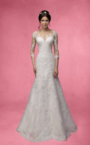 Mermaid Long 3-4-Sleeve Illusion Lace Dress With Appliques
