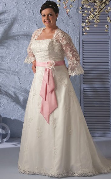 A-line Strapless Long Sleeve Floor-length Lace Wedding Dress with Corset Back and Bolero
