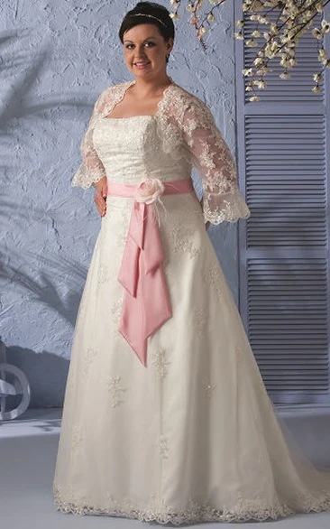 A-line Strapless Long Sleeve Floor-length Lace Wedding Dress with Corset Back and Bolero