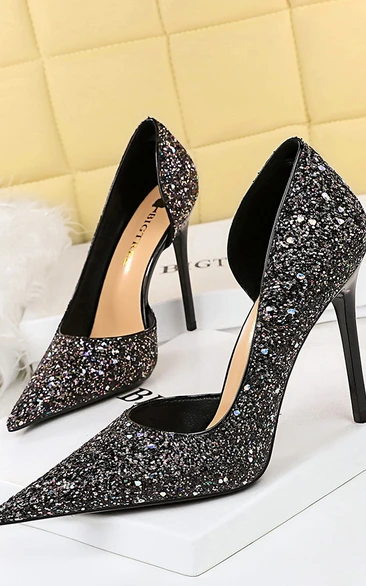 Sexy banquet stiletto super high heel shallow mouth pointed toe side hollow shining sequins shoes