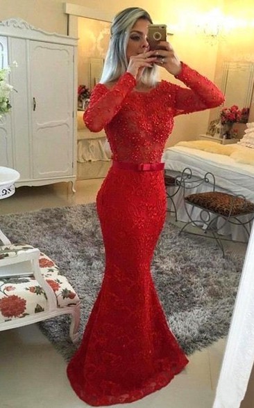 Red Long Sleeve Beaded Jewel Glamorous Dress